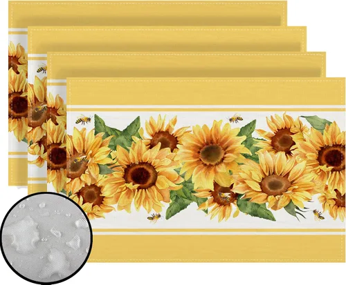 Juego de 4 manteles individuales de girasol de acuarela, manteles individuales de primavera, decoración y suministros de girasol para el hogar, mesa