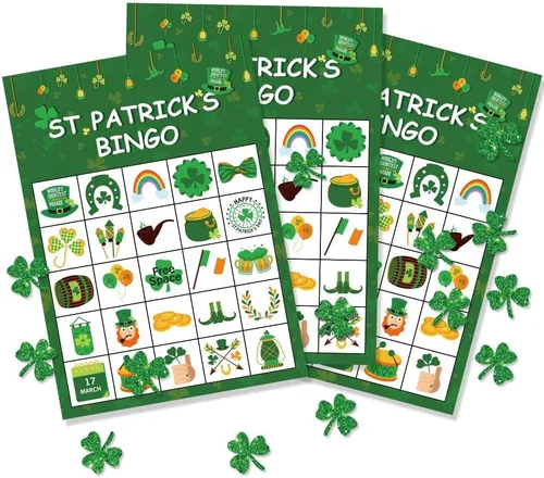 Omgouue Juego de bingo irlandés de trébol del día de San Patricio, suministros de fiesta verde para 24 jugadores