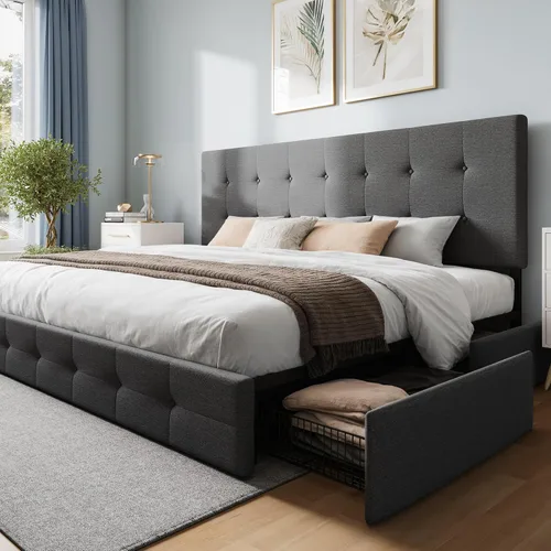 Miniatura 21 de WEEWAY Base de cama de plataforma tamaño Queen con 4 cajones de almacenamiento, cabecera capitonada con botones de puntada cuadrada, base de colchón