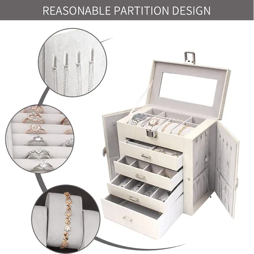 Miniatura 5 de FEIYAN Joyero para mujer de 5 capas de cuero organizador de joyas con cajonesespejo caja de joyería blanca grande para collares anillos aretes