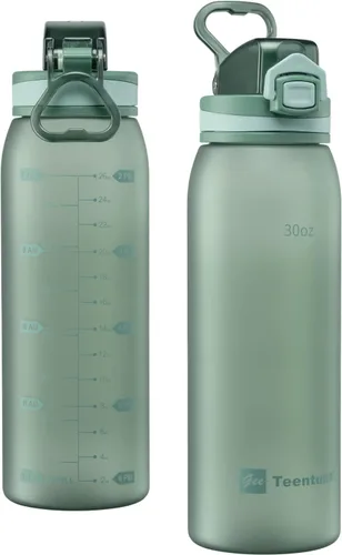 Miniatura 17 de Botella de agua deportiva de 30 onzas con marcadores de tiempo, botella grande y duradera de plástico para gimnasio, Tritan sin BPA, transparente