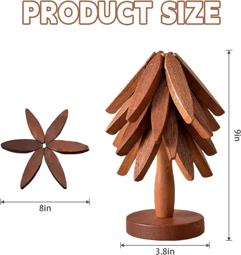 Miniatura 4 de Juego de Posavasos de Copa de Madera, Juego de Salvamanteles en Forma de Árbol, Posavasos de Árbol - 4 Salvamanteles de Madera + 1 Soporte
