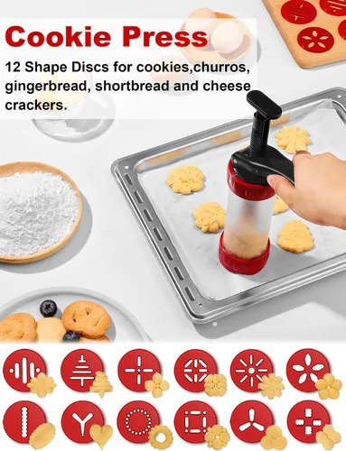 Miniatura 2 de Juego de prensa para galletas, máquina para hacer churros con 12 moldes y 10 puntas para decorar pasteles, prensa para galletas y churros, rojo