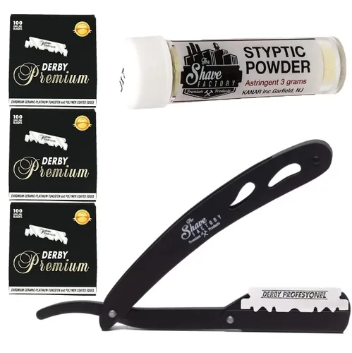 The Shave Factory - Kit de afeitado, maquinilla de afeitar de borde recto, maquinilla de afeitar de un solo filo y polvo estíptico, kit de afeitado