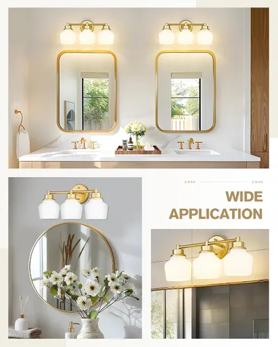 Miniatura 5 de Lámpara de tocador dorada Emak con pantalla de vidrio lechoso, accesorios modernos de iluminación de baño sobre espejo, 3 luces de tocador de baño