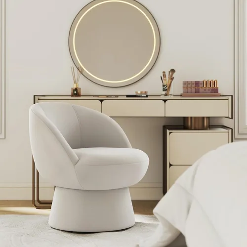 Miniatura 8 de Silla giratoria de 360° con respaldo curvo, moderna silla redonda tapizada de felpilla blanca, sillón tipo cubo para espacio pequeño, sala de estar