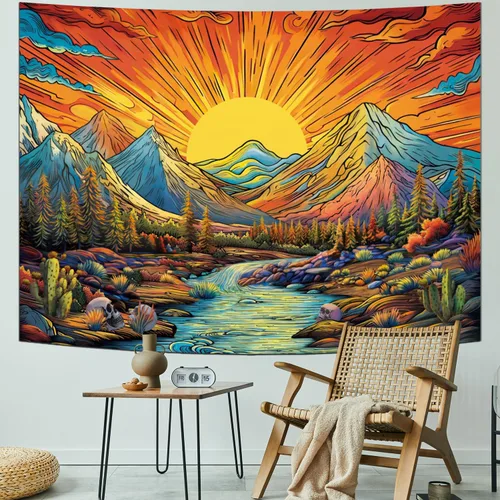 Miniatura 3 de Serborlur Tapiz bohemio con sol y montaña, diseño de árbol de bosque trippy, vintage, estético, mágico de río, paisaje, naturaleza, para colgar