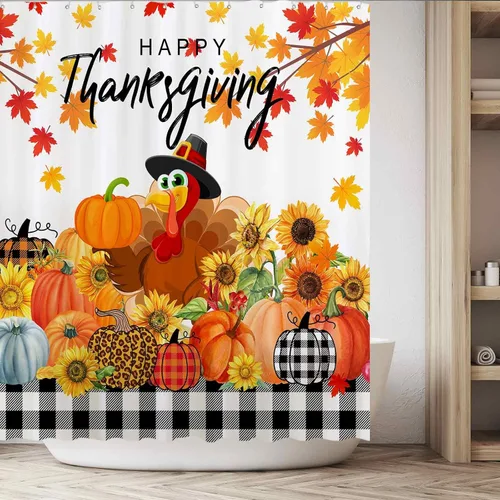 Miniatura 5 de Funnytree Cortina de ducha de 72 x 72 pulgadas para el día de Acción de Gracias, pavo y granja, a cuadros, calabaza, otoño, cosecha, para decoración