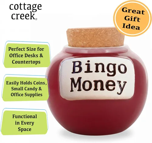 Miniatura 3 de Cottage Creek Tarro de dinero de bingo, alcancía de cerámica roja de 6 pulgadas para adultos, divertido tarro de monedas y accesorios de bingo
