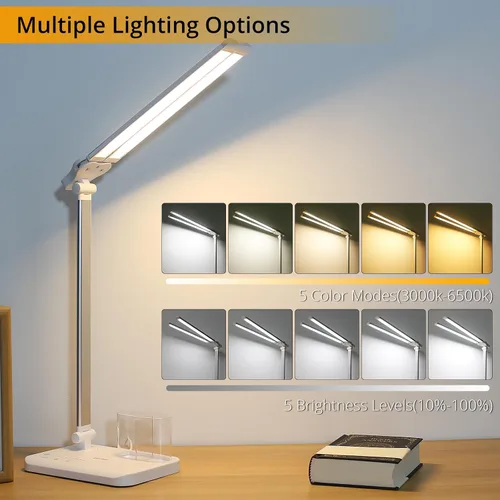 Miniatura 2 de Qooltek Lámpara de escritorio LED para oficina en casa, lámpara de mesa con control táctil con 5 modos de color y brillo ajustable, brazo oscilante