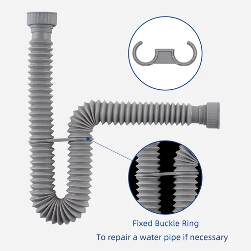 Miniatura 5 de iFealClear Paquete de 2 tubos de drenaje P-Trap, tubo de drenaje flexible para fregadero con 4 anillos de sellado de goma, tubo de trampa P Gris