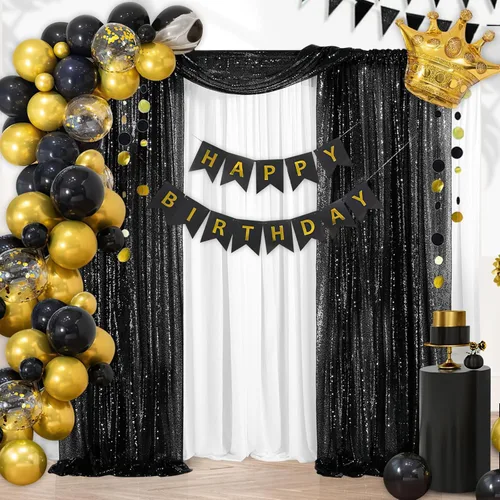 Miniatura 5 de Cortinas con lentejuelas doradas, 2 unidades de 2 x 8 pies, con brillantina, telón de fondo para bodas Negro
