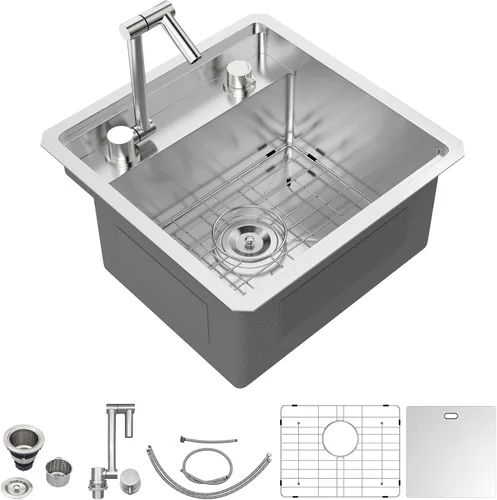 Miniatura 8 de Fregadero de barra de acero inoxidable de calibre 16 de 15 x 15 pulgadas, hecho a mano, contemporáneo, de un solo tazón, cuadrado, fregadero
