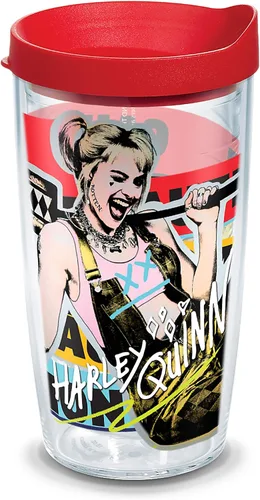 Tervis 1345088 Warner Brothers - Vaso aislado Harley Quinn de Birds of Prey con envoltura y tapa roja, 16 onzas, transparente