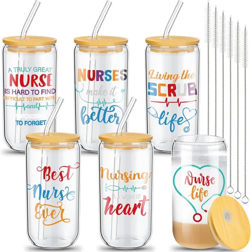 Miniatura 10 de Juego de 6 vasos de vidrio con forma de lata de 16 onzas con tapas y pajitas de bambú, regalos de graduación de escuela de enfermería para mujeres
