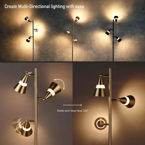 Miniatura 3 de O'Bright Ash - Lámpara de pie LED de árbol de 3 luces, LED regulable de 3 cabezales, lámpara de pie multidireccional, pantalla múltiple ajustable