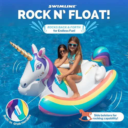 Miniatura 4 de SWIMLINE Juguete flotante original de unicornio arcoíris mecedora para piscina, con asas fáciles de agarrar y refuerzos laterales estabilizadores