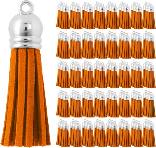 Miniatura 127 de Mandala Crafts 100 borlas de gamuza sintética color aguamarina con tapa dorada, suministros para hacer llaveros a granel, pequeñas borlas de cuero
