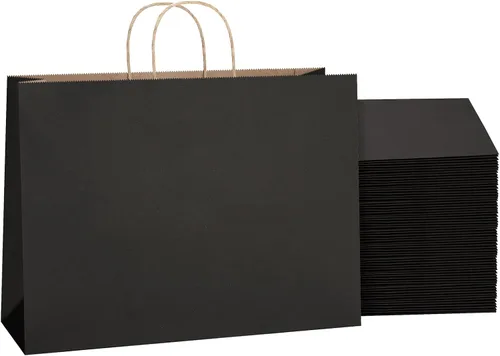 SHOPDAY Bolsas de papel negro con asas de 16 x 6 x 12 pulgadas, paquete de 25 bolsas de papel kraft grandes a granel, bolsas de compras, bolsas de