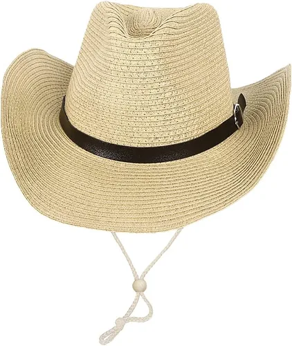 Miniatura 20 de Sombrero de vaquero de paja para hombres y mujeres, sombrero de sol de ala ancha, sombrero de vaquera Panamá con correa para la barbilla, sombrero