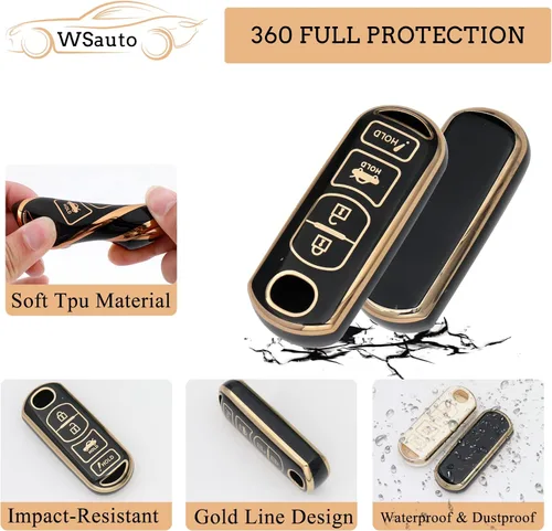Miniatura 4 de Funda suave para llavero Mazda de 3 4 botones, protección de poliuretano termoplástico (TPU), con llavero brillante dorado de moda, compatible
