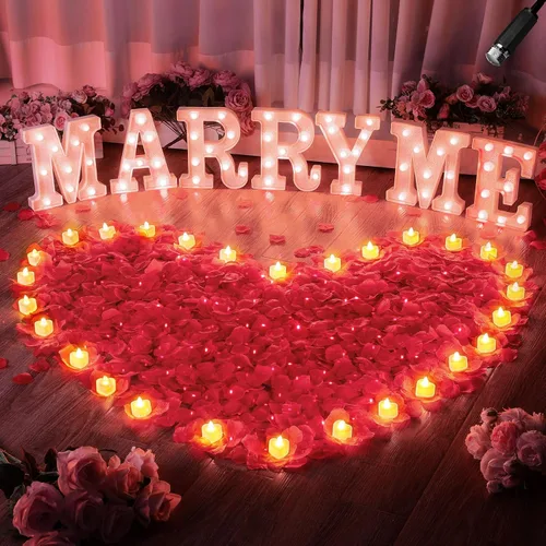 Miniatura 8 de Hortsun Letras iluminadas para decoración de propuesta de cásate conmigo ¿Te casarás conmigo? Letrero Pétalos de rosa 24 Velas LED Luz nocturna