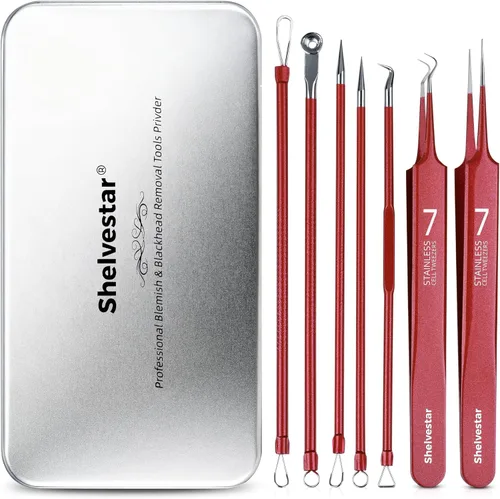 Shevelestar - Extractor de comedones para eliminar puntos negros, kit de pinzas curvas, kit de herramientas profesionales de eliminación de acné de