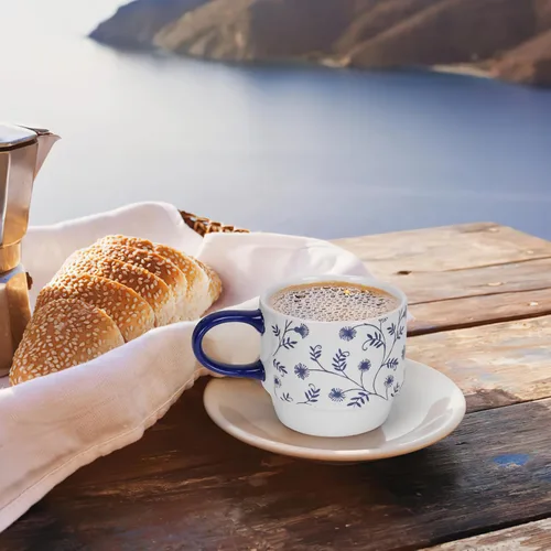 Miniatura 8 de Schliersee Juego de 6 tazas de café de cerámica apilables de 12 oz, taza pequeña con patrón geométrico floral, taza de café de porcelana azul