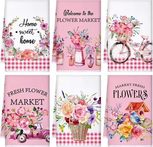 Miniatura 9 de Geyoga 6 toallas de cocina florales de primavera, flamenco, toallas de mano, girasol, margarita, flores silvestres, paños de té para primavera