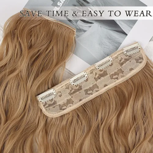 Miniatura 4 de NAYOO Extensiones de cabello con clip, de 20 pulgadas, largo, ondulado, rizado, rubio ceniza, extensiones de cabello sintético de cabeza completa