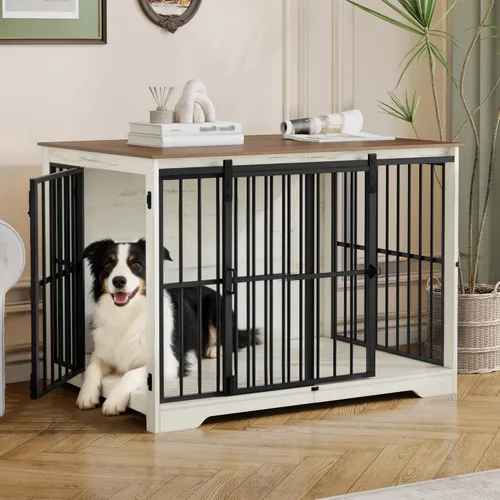 Miniatura 12 de Hzuaneri XXL Mueble de jaula grande para perros, mueble de perrera de interior de 46.9" con puerta de granero, jaula alta de madera para perros