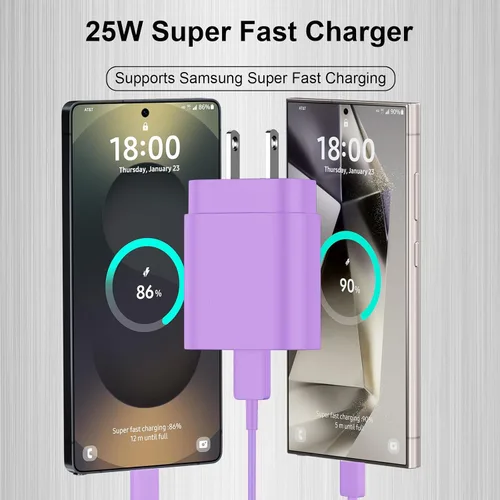 Miniatura 3 de Cable de carga súper rápida de 25W Tipo C con bloque y cable cargador USB C de 10 pies para teléfono Android Samsung Galaxy S25/S24 Púrpura