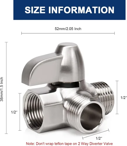 Miniatura 3 de NearMoon - Brazo de regadera de latón macizo G1/2 pulgadas, válvula desviadora de 3 vías para regadera de mano y cabezal de pulverización fijo