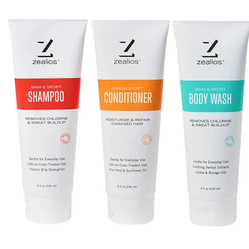 Zealios Champú de natación y deporte, acondicionador y gel de baño hidratante para aliviar los productos químicos de la piscina