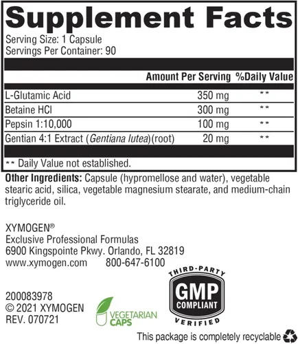 Miniatura 2 de XYMOGEN GastrAcid - Betaína HCl con pepsina, ácido L-glutámico + amargos digestivos de raíz de genciana para apoyar la digestión, absorción