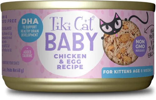 Tiki Cat Baby, pollo y huevo, alto contenido en proteínas y 100% ingredientes no transgénicos, alimento húmedo para gatos para gatitos de 8 semanas