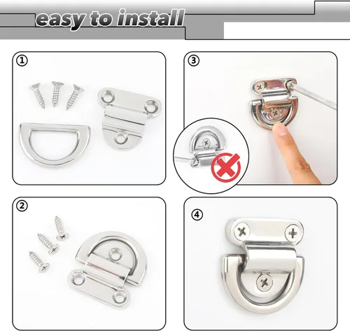 Miniatura 5 de Anclajes de amarre para camiones de acero inoxidable, ganchos de anillo en D plegables resistentes con tornillos, superficie altamente pulida