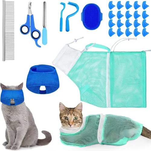 Miniatura 8 de Juego de 9 Piezas de Bolsa de Baño para Gatos, Bolsa de Ducha para Gatos Anti Mordeduras y Arañazos para Aseo de Mascotas, Cepillo de Lavado, Peine
