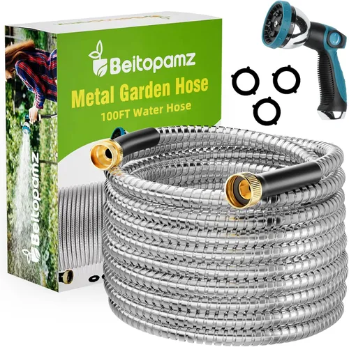 Beitopamz Manguera de jardín de 100 pies, manguera de agua de metal de acero inoxidable con boquilla, flexible y duradera, a prueba de óxido, sin