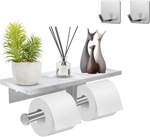 Soporte de papel higiénico con estante, soporte de pared doble para papel higiénico y 2 ganchos adhesivos gratuitos para baño, baño, soporte de