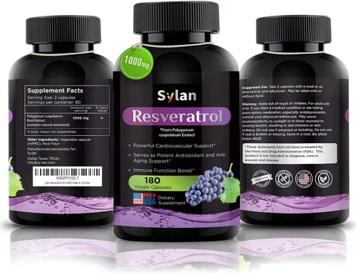 Miniatura 5 de SYLAN Suplemento de resveratrol trans, 1000 mg, 180 cápsulas vegetales, antioxidante, apoya el corazón, las articulaciones, el cerebro, la salud
