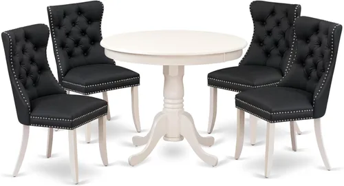East West Furniture ANDA5-LWH-12 - Juego de cocina de 5 piezas que contiene una mesa de comedor redonda con pedestal y 4 sillas Parson tapizadas de