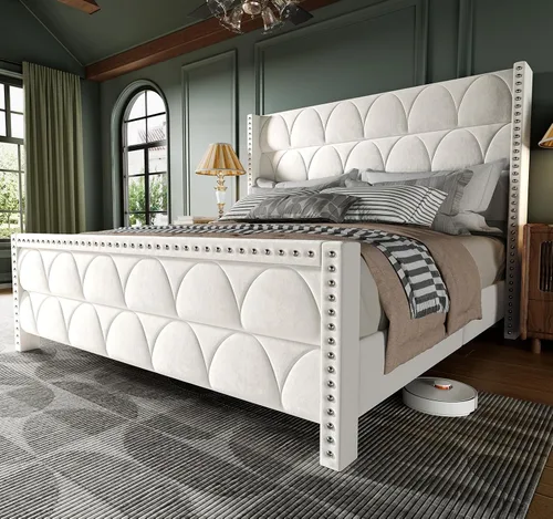 Miniatura 10 de OHOHOLIVE Marco de cama tamaño Queen con cabecero de 56 pulgadas, marco de cama tapizado de terciopelo con plataforma con respaldo de alas, sin Crema