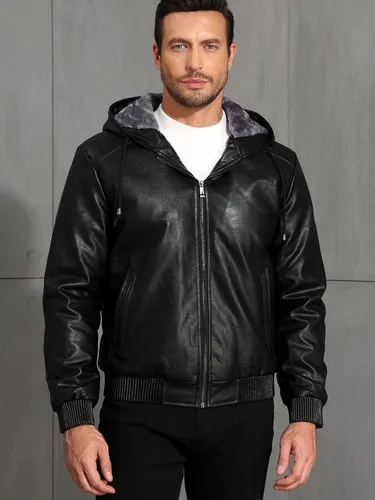 Miniatura 2 de MANSDOUR Chaqueta de cuero sintético para hombre con forro de vellón negro cálido, chaqueta bomber de motocicleta con capucha