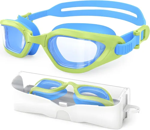 Miniatura 10 de Gafas de natación para niños en doble tono, almohadillas ajustables para la nariz y silicona suave a prueba de fugas (6-14), visión clara, antivaho