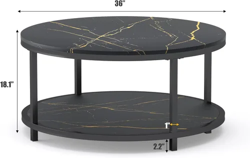Miniatura 2 de WiberWi Mesa de centro redonda negra para sala de estar de 35.8 pulgadas, mesa circular con parte superior de mármol sintético, patas de metal Negro