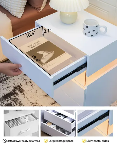 Miniatura 6 de Bingoday Moderna mesita de noche LED con 3 cajones, mesita de noche con luces LED ajustables, mesa auxiliar de almacenamiento grande para Blanco