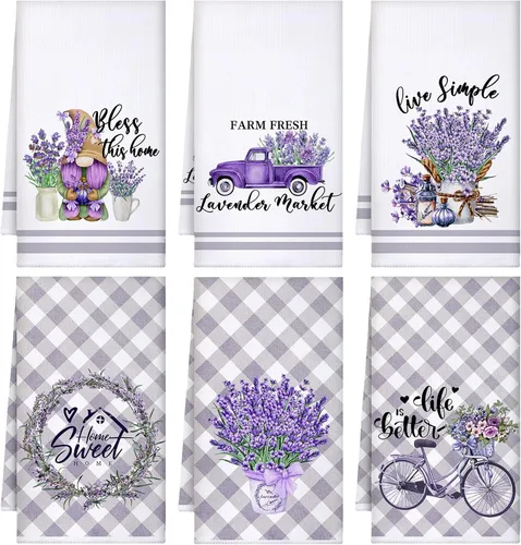 Set de 6 toallas de cocina lavanda púrpura con flores, paños de cocina rústicos absorbentes, toallas de mano lavanda para té, de 24 x 16 pulgadas,