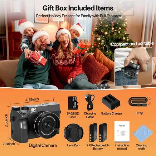 Miniatura 9 de Cámara digital de 5K 75 MP para fotografía con zoom de 18X, cámara WiFi de enfoque automático para vlogging con lente dual UHD, cámaras de viaje