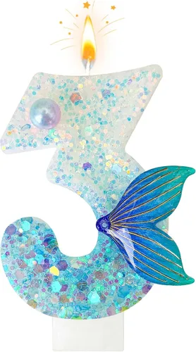 Vela de sirena número 3, decoración de pastel de cola de sirena azul para decoración de fiesta de cumpleaños y aniversario de niñas (número 3)